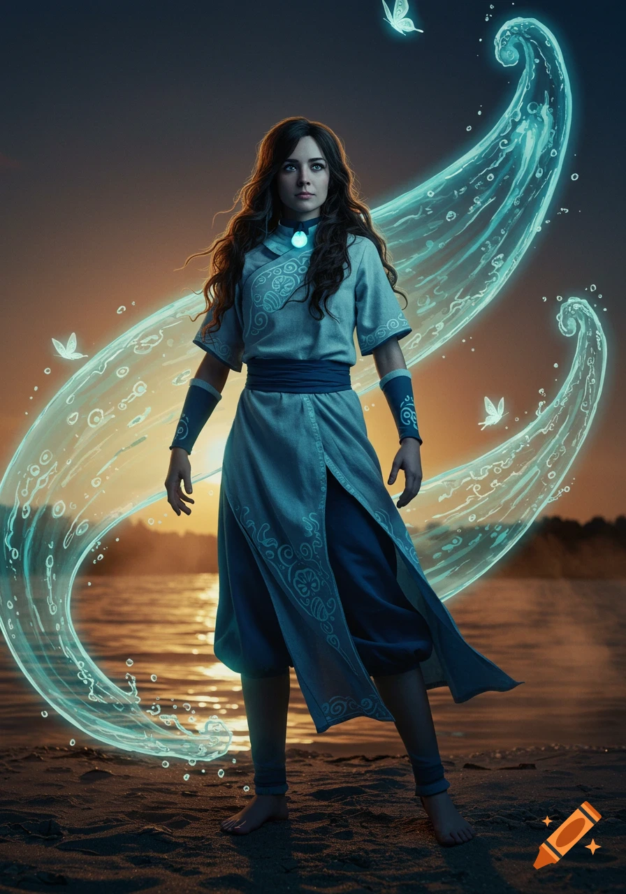 Young woman waterbender with long brown hair, light blue outfit, on a beach at sunset with glowing water and butterflies. Cinematic anime style.