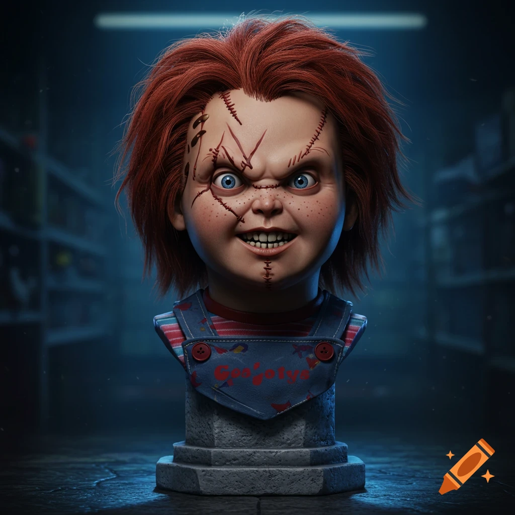 Detailed 3D render of Chucky the doll as a bust, with red hair, blue eyes, and stitched facial scars, against a dark background.