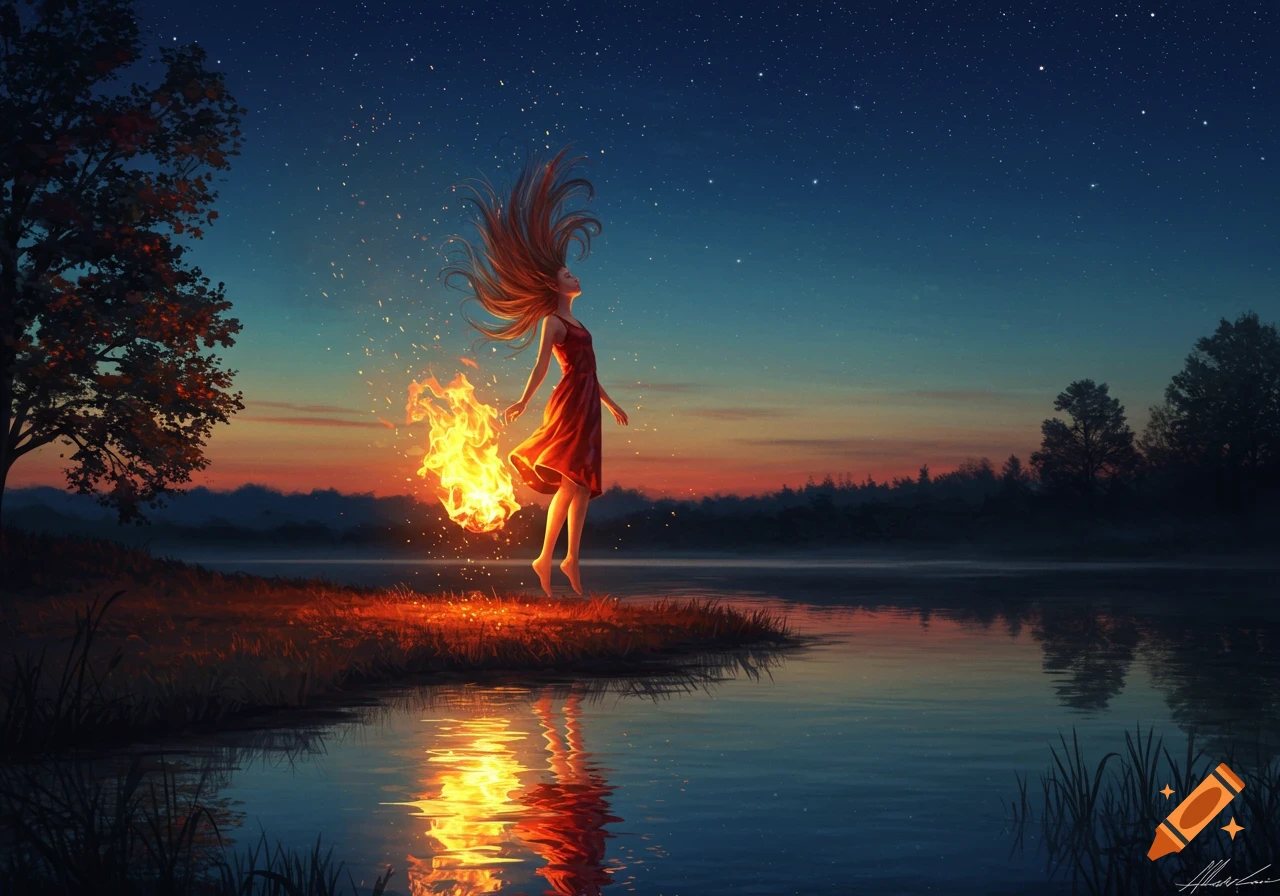 A red-haired girl in a red dress floats above a lake at sunset, holding a ball of fire, against a starry night sky. Digital art.
