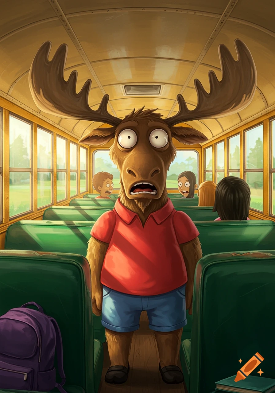 A wide-eyed, scared anthropomorphic moose in a red shirt and blue shorts stands on a yellow school bus with surprised children.