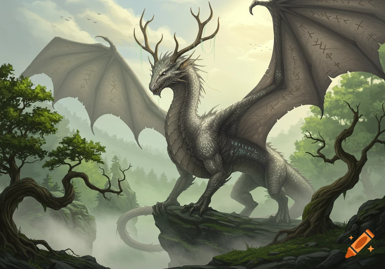 A majestic grey dragon with large wings and deer-like antlers stands on a mossy rock in a misty, forested valley.