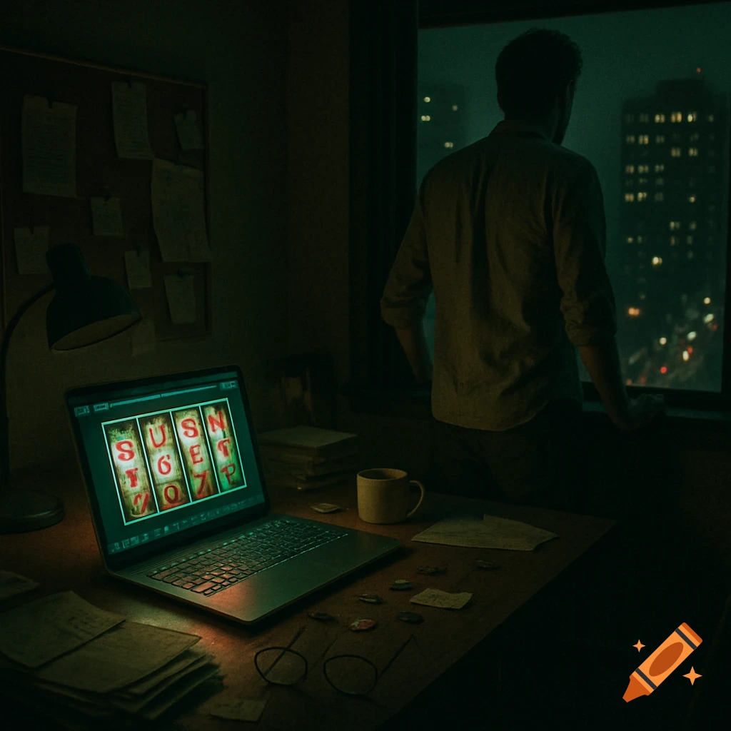 Dark photorealistic scene of a man looking out a city window at night, while a laptop with a glowing gambling screen sits on a desk.
