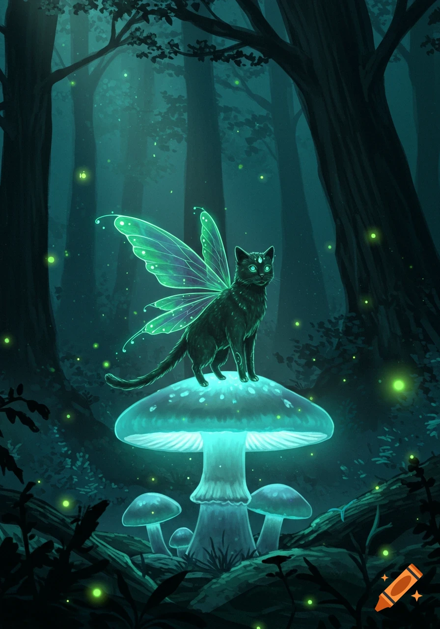 A black cat with glowing green fairy wings stands on a large glowing mushroom in a dark, enchanted forest with sparkling lights.