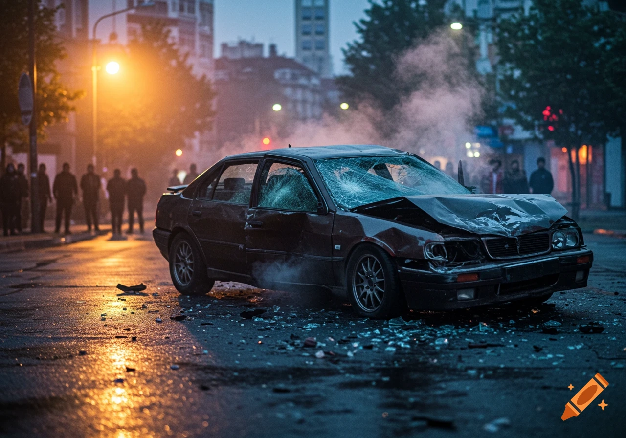 Photorealistic image of a heavily damaged car after an accident, smoking on a wet street at dusk with blurred onlookers.