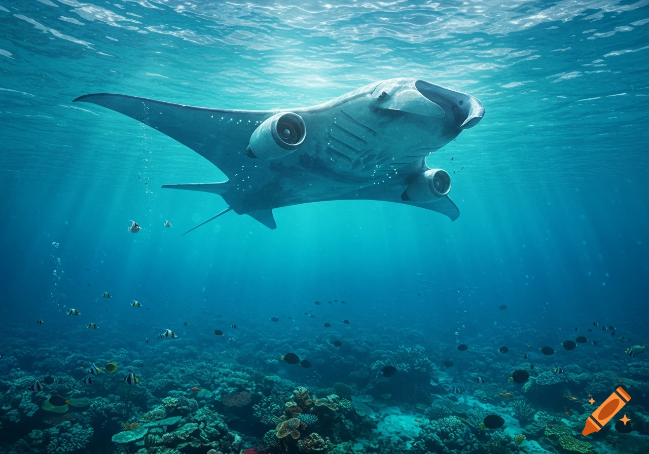 A photorealistic image of a manta ray-shaped airplane with jet engines flying over a coral reef teeming with fish in clear blue water.