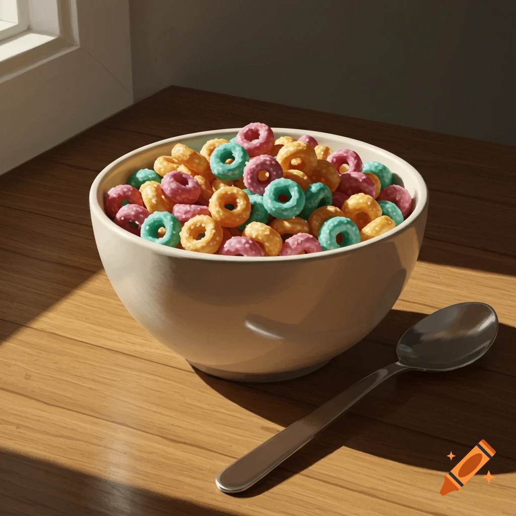 Colorful loop cereal in a white bowl, with a spoon on a wooden table next to a sunlit window. Photorealistic.