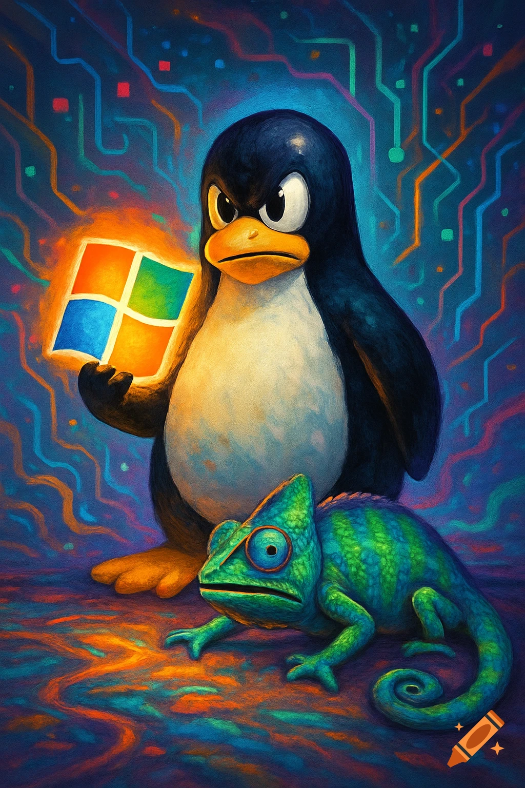 Angry Tux penguin mascot holds a glowing Windows logo. A chameleon lies on colorful circuit board ground in a painterly illustration.