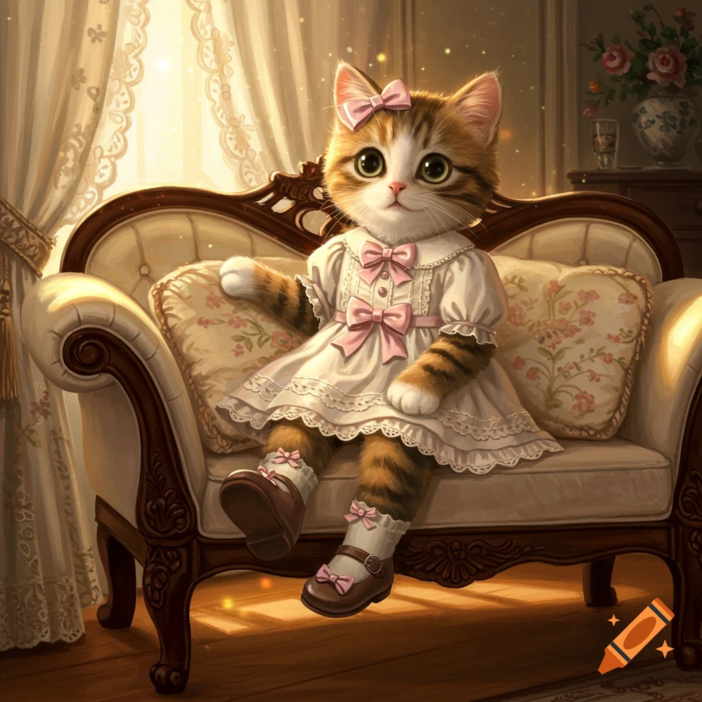 A cute calico kitty sits on an ornate couch, wearing a white dress with pink bows, socks, and Mary Jane shoes, with a pink bow on its head.