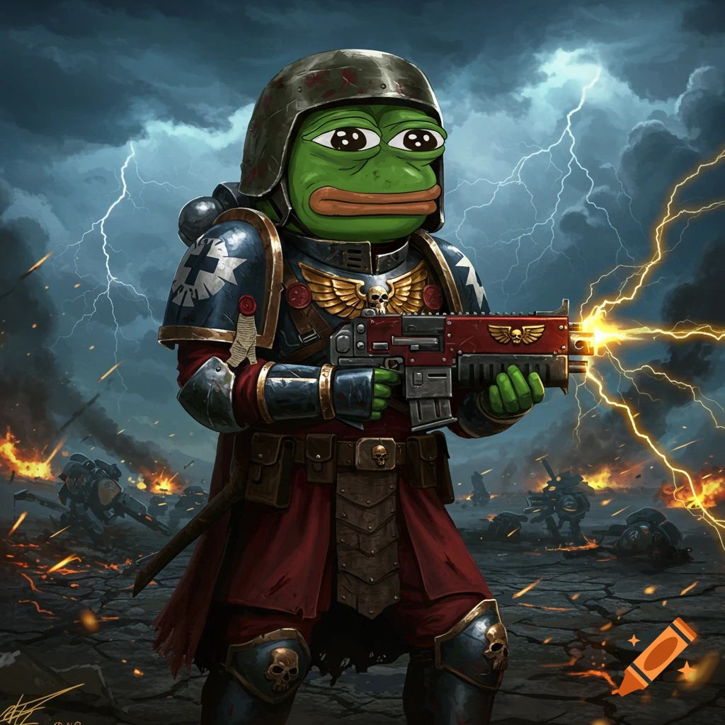 Pepe the Frog in Warhammer 40k Imperial Guard armor holds a laser rifle on a stormy battlefield with lightning and explosions.