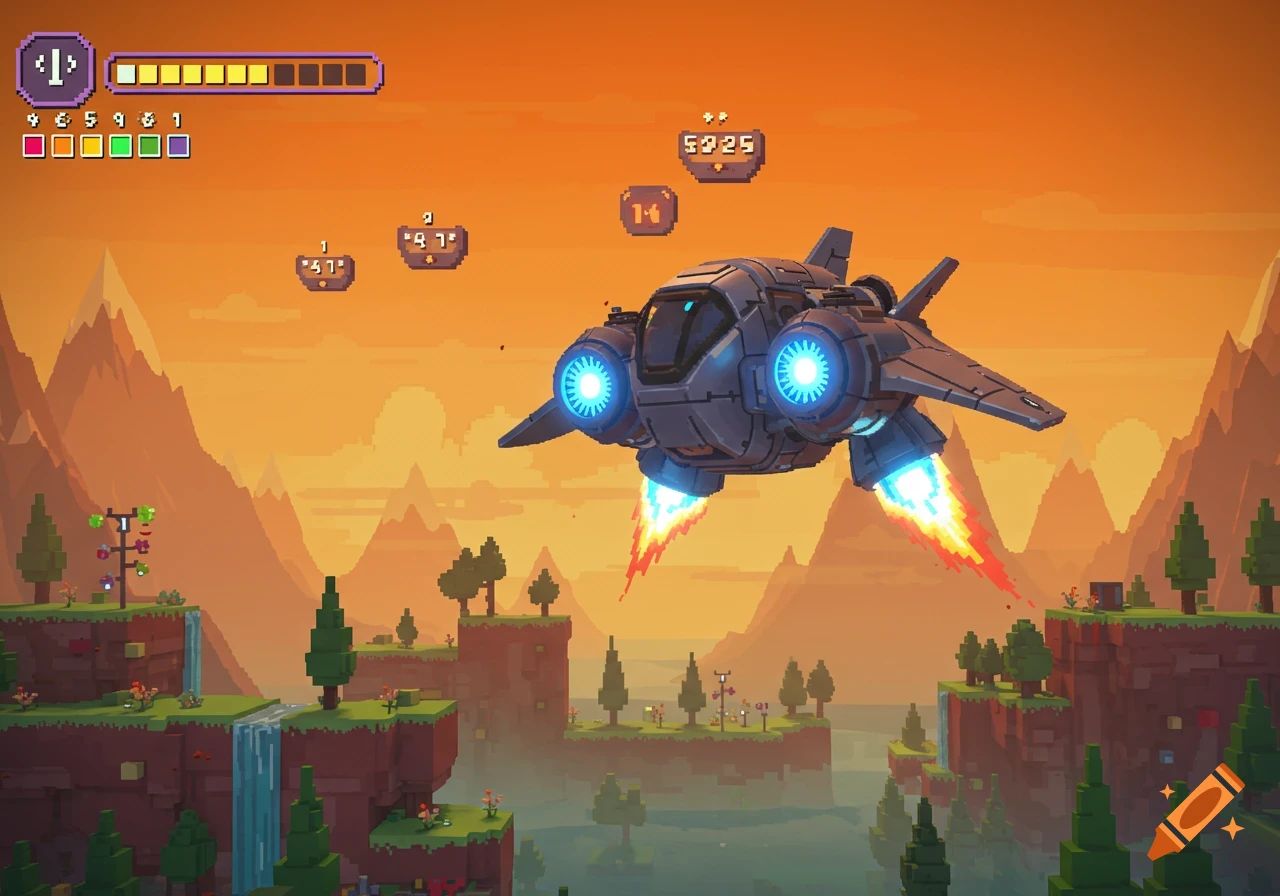 A pixel art video game scene with a grey spaceship flying over floating islands, waterfalls, and distant mountains under an orange sky.