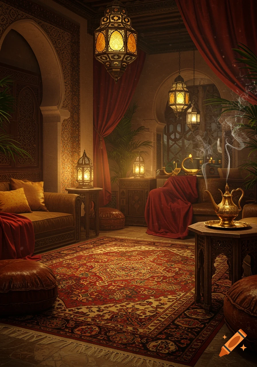 A luxurious Arabian-style living room with ornate lanterns, a red oriental rug, patterned walls, plush sofas, and a golden teapot.