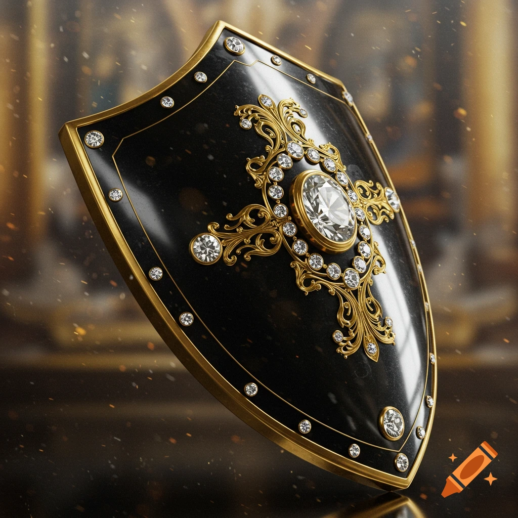 An opulent black shield with gold trim and ornate gold filigree, encrusted with sparkling diamonds, on a blurred golden background.