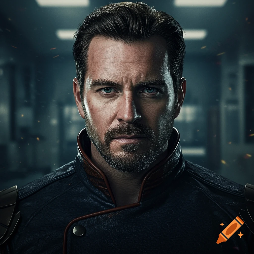 Photorealistic close-up portrait of a serious man with a beard and blue eyes in a dark jacket.