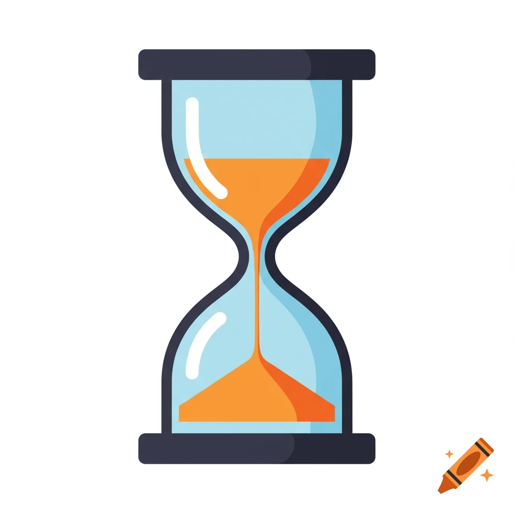 Flat illustration of an hourglass with orange sand in blue glass on a white background.