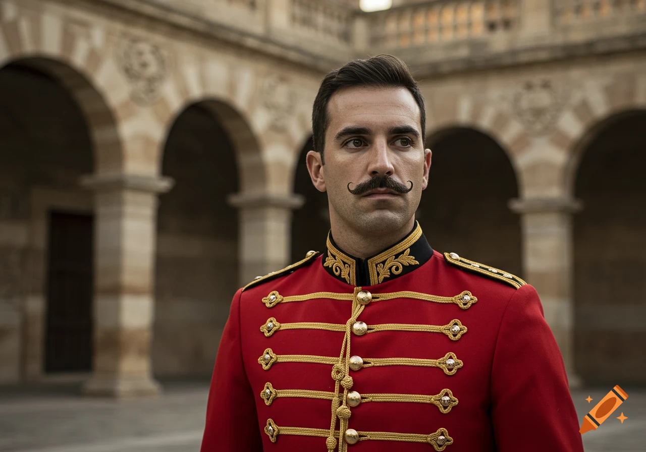 A man with a curly mustache in a red and gold ornate uniform stands against an arched stone building, looking away.