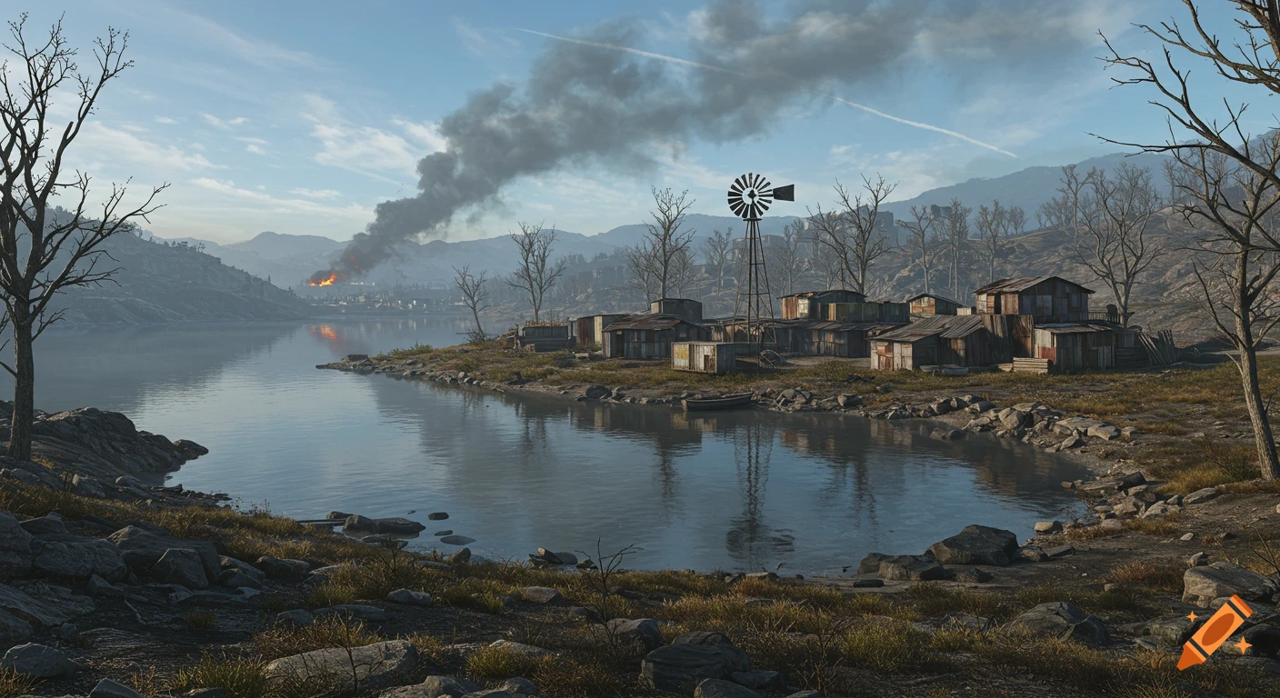 Photorealistic post-apocalyptic landscape: a murky lake, scrap settlement, and distant town burning under a blue sky.