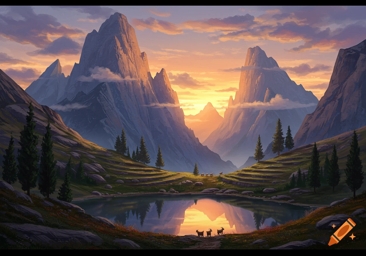 A beautiful stylized painting of a mountain landscape at sunset, with a reflective lake in the foreground and goats grazing.