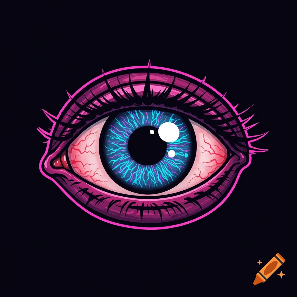 Stylized illustration of a bloodshot eye with a vibrant blue iris and neon pink eyelids, on a dark background.