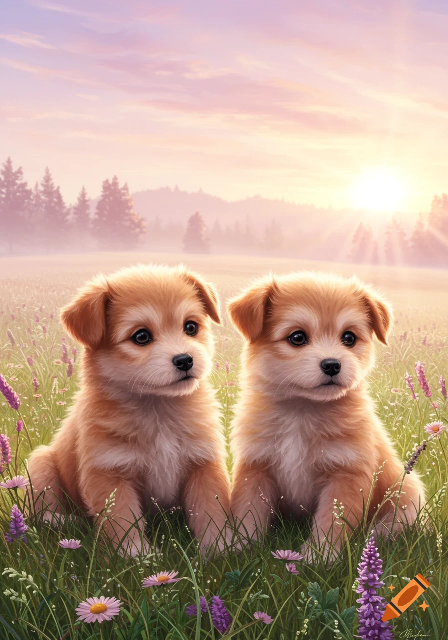Two fluffy puppies sit in a field of wildflowers with a hazy forest and sunset sky behind them in an illustration.