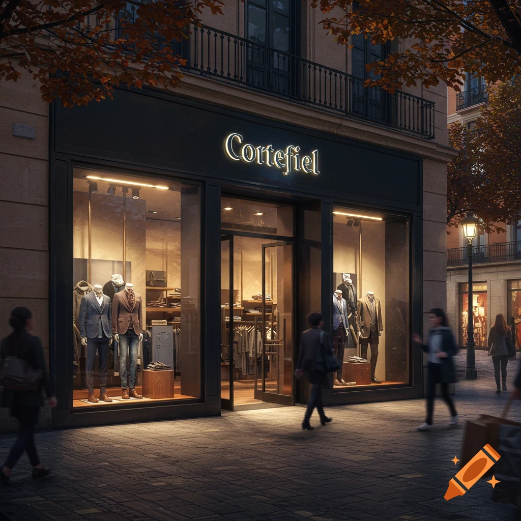 Photorealistic image of a Cortefiel clothing store at night, with mannequins in the windows and people on the sidewalk.