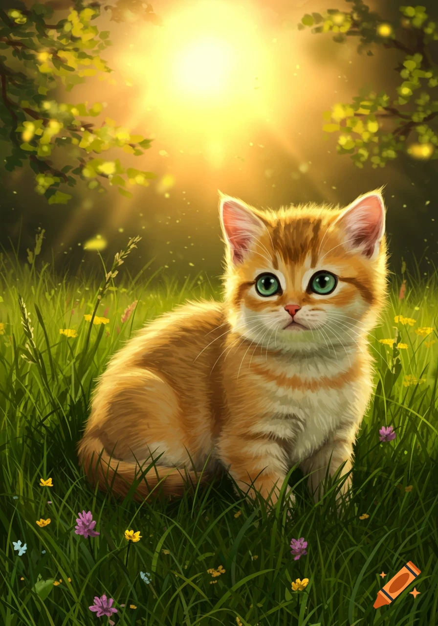 A cute golden kitten with green eyes sits in lush green grass with small flowers, bathed in warm sunlight through tree branches.