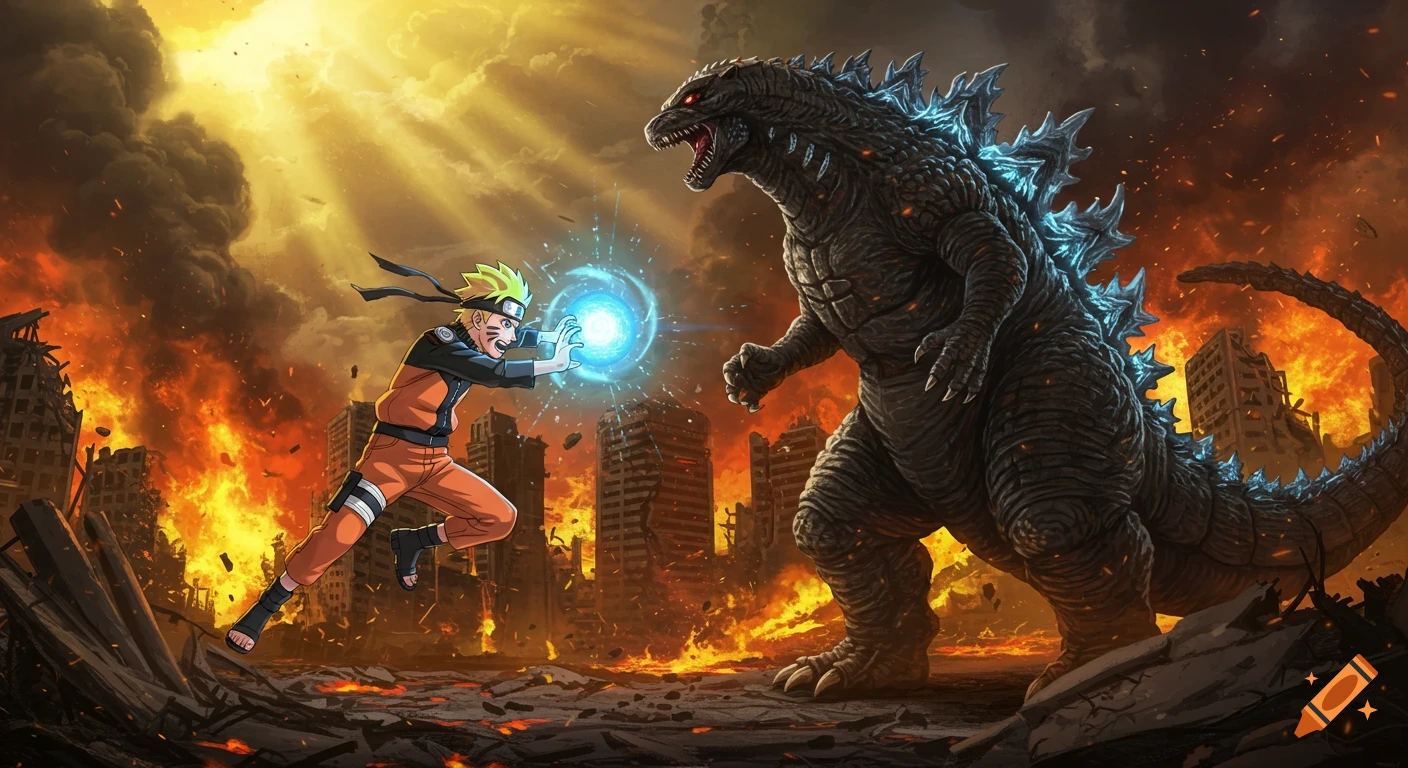 Naruto faces Godzilla in a burning, destroyed city, charging a blue energy attack in an anime art style.