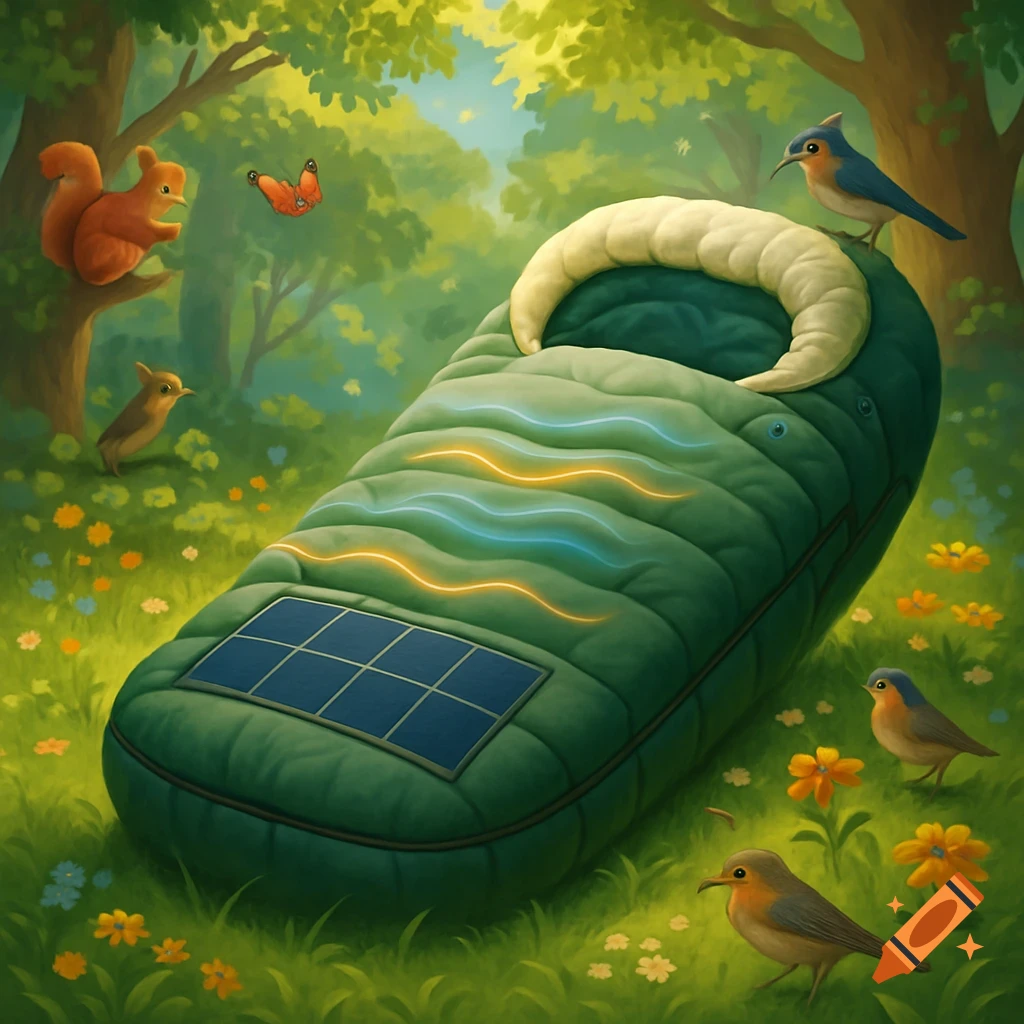 A whimsical illustration of a green solar-powered sleeping bag with glowing lines, in a lush forest clearing surrounded by a squirrel, birds, and a butterfly.