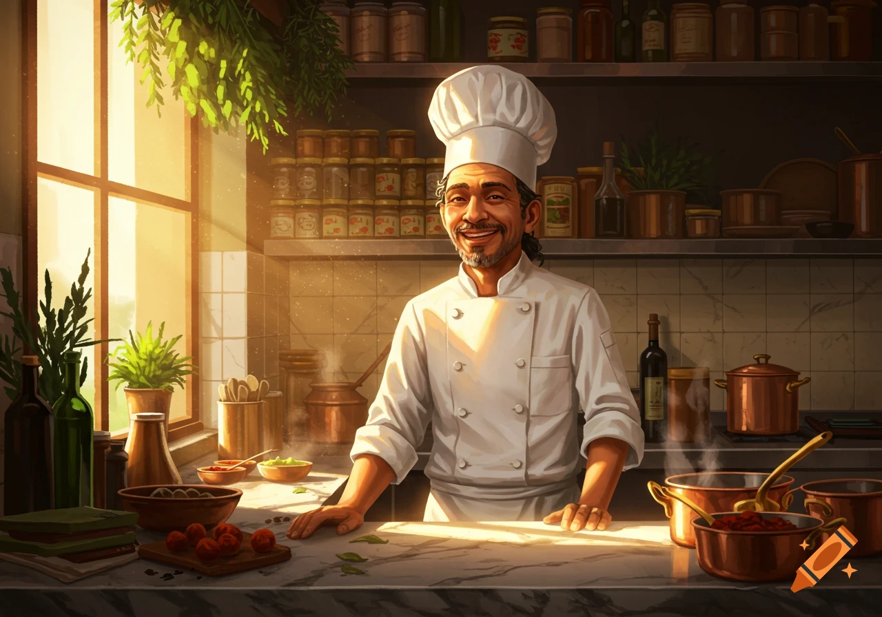 A smiling chef in a white uniform stands behind a marble kitchen counter with food and cooking pots, bathed in warm sunlight.