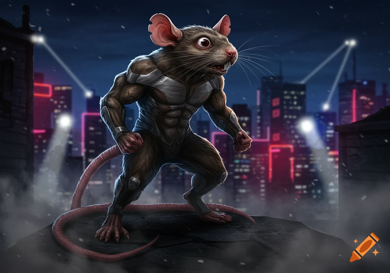 A muscular, mutated rat superhero stands on a rooftop in a futuristic city at night, in a comic book art style.