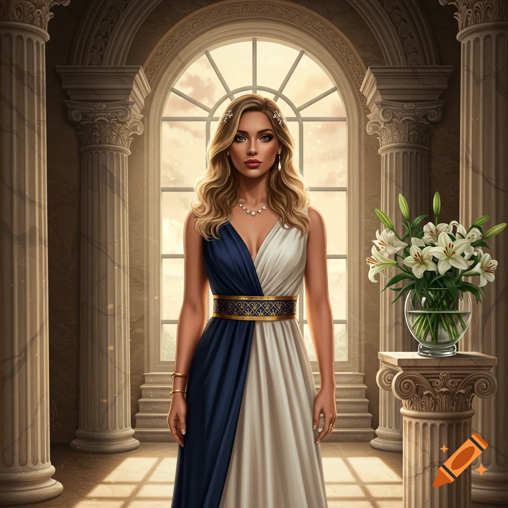 A woman in a blue and white Greek-style dress stands in a classical hall with columns and an arched window.