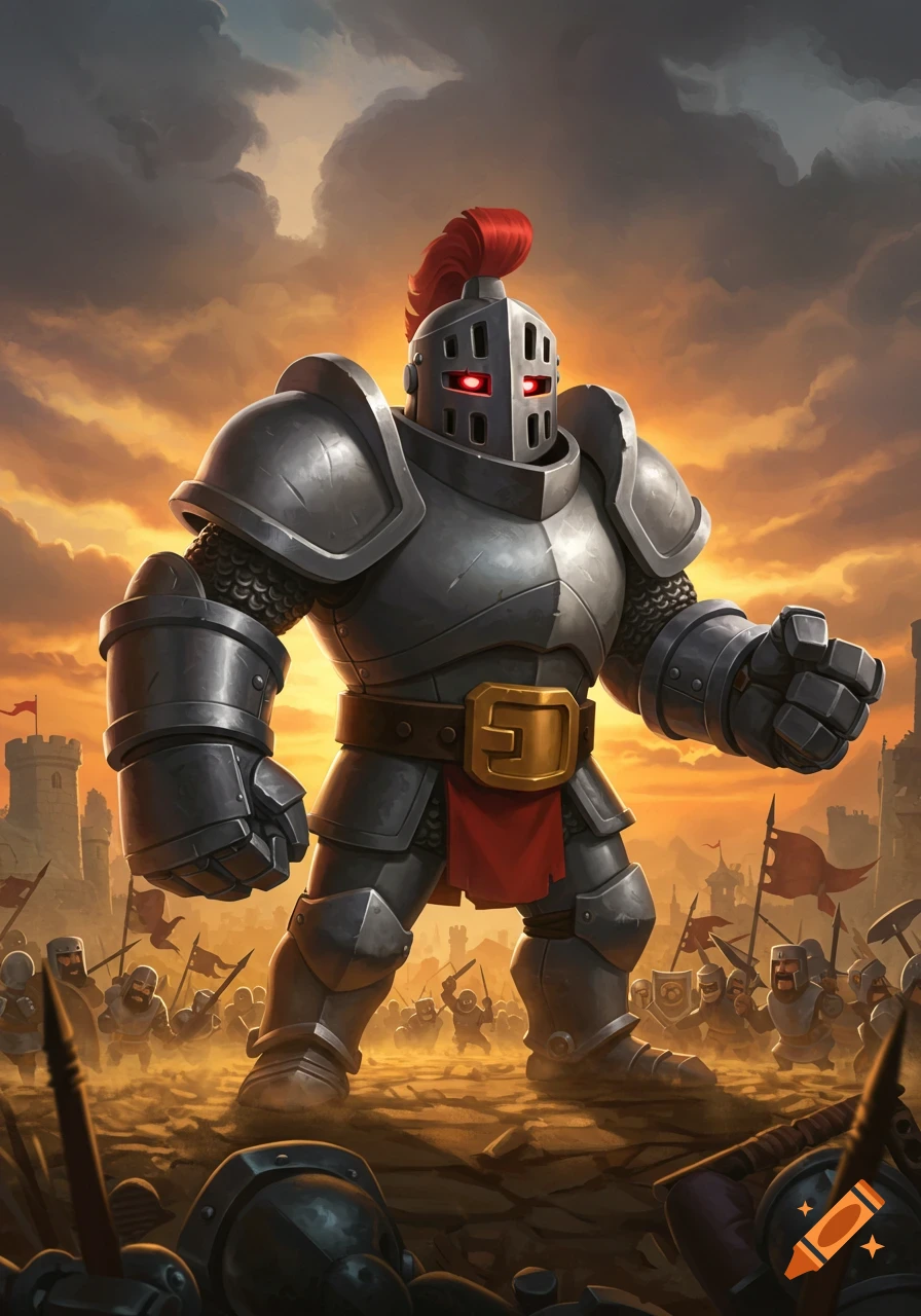 A giant armored knight with red glowing eyes stands on a battlefield with soldiers and castles under an orange, cloudy sky, in a video game art style.