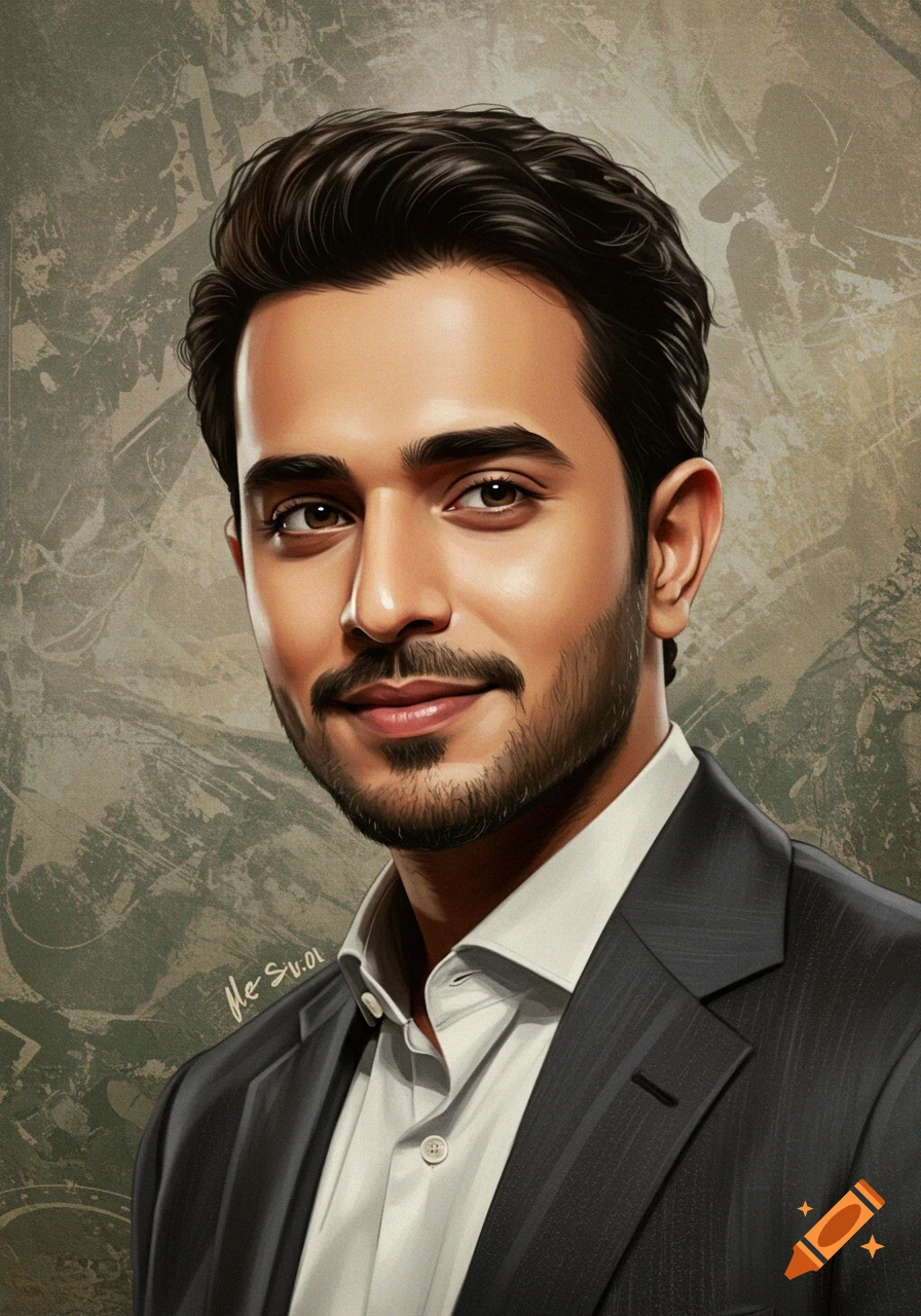 Digital portrait of a young man with dark hair, beard, and brown eyes, wearing a white shirt and dark suit jacket.