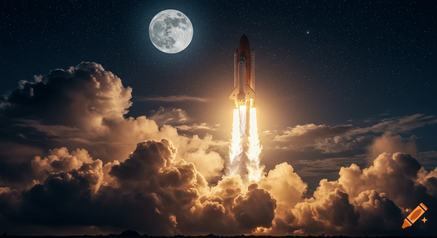A detailed, realistic image of a rocket launching through glowing clouds at night, heading towards a full moon in a starry sky.