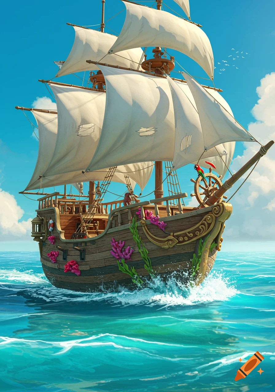A vibrant, stylized pirate ship with white sails and coral decorations, sailing on a blue ocean under a clear sky.