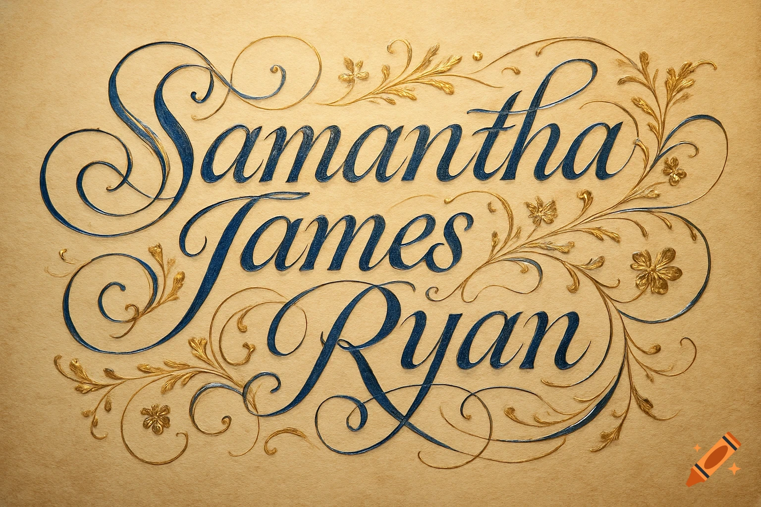 Ornate blue calligraphy of 'Samantha James Ryan' with golden floral accents on a beige textured background.