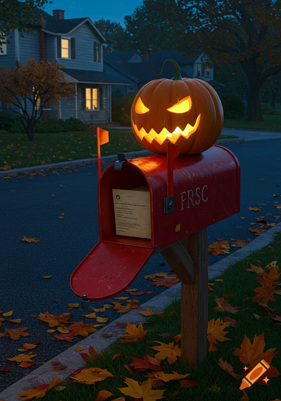 A glowing jack-o'-lantern sits on a red mailbox with its flag up, surrounded by fallen autumn leaves on a suburban street at dusk.