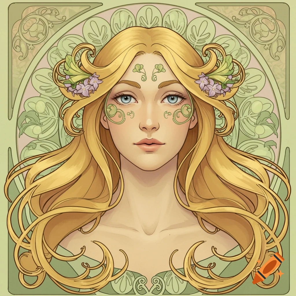 Art Nouveau portrait of a blonde woman with flowing hair and blue eyes, adorned with green floral motifs against a decorative background.