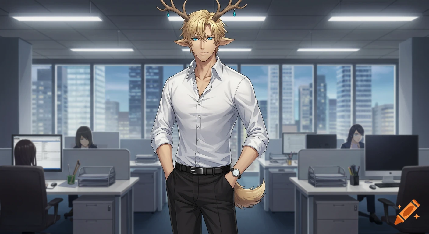 An anime-style blond man with antlers, elf ears, and a tail, wearing a white shirt and black slacks, stands in an office.