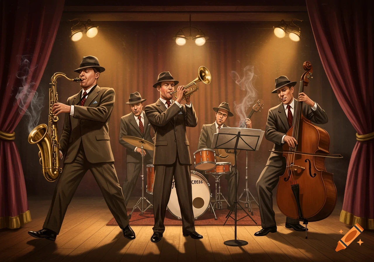 A vintage jazz band performs on a warmly lit stage, featuring a saxophonist, trumpeter, drummer, guitarist, and upright bass player.