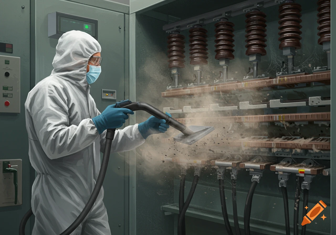 Person in a white hazmat suit vacuums dust and cobwebs from electrical equipment in an industrial panel, photorealistic.