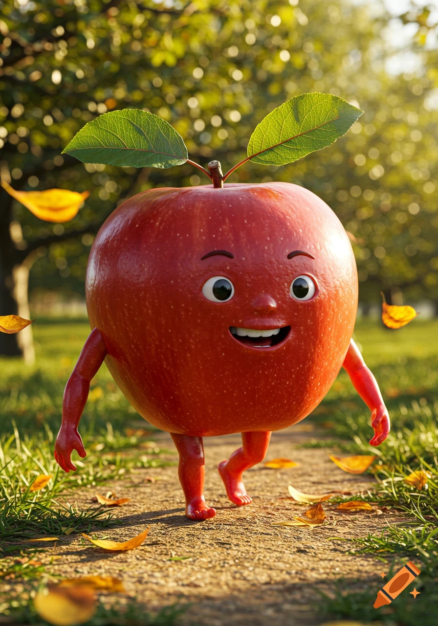 Photorealistic animated red apple with a happy face, arms, and legs walking on a sunlit path in an orchard with fallen leaves.