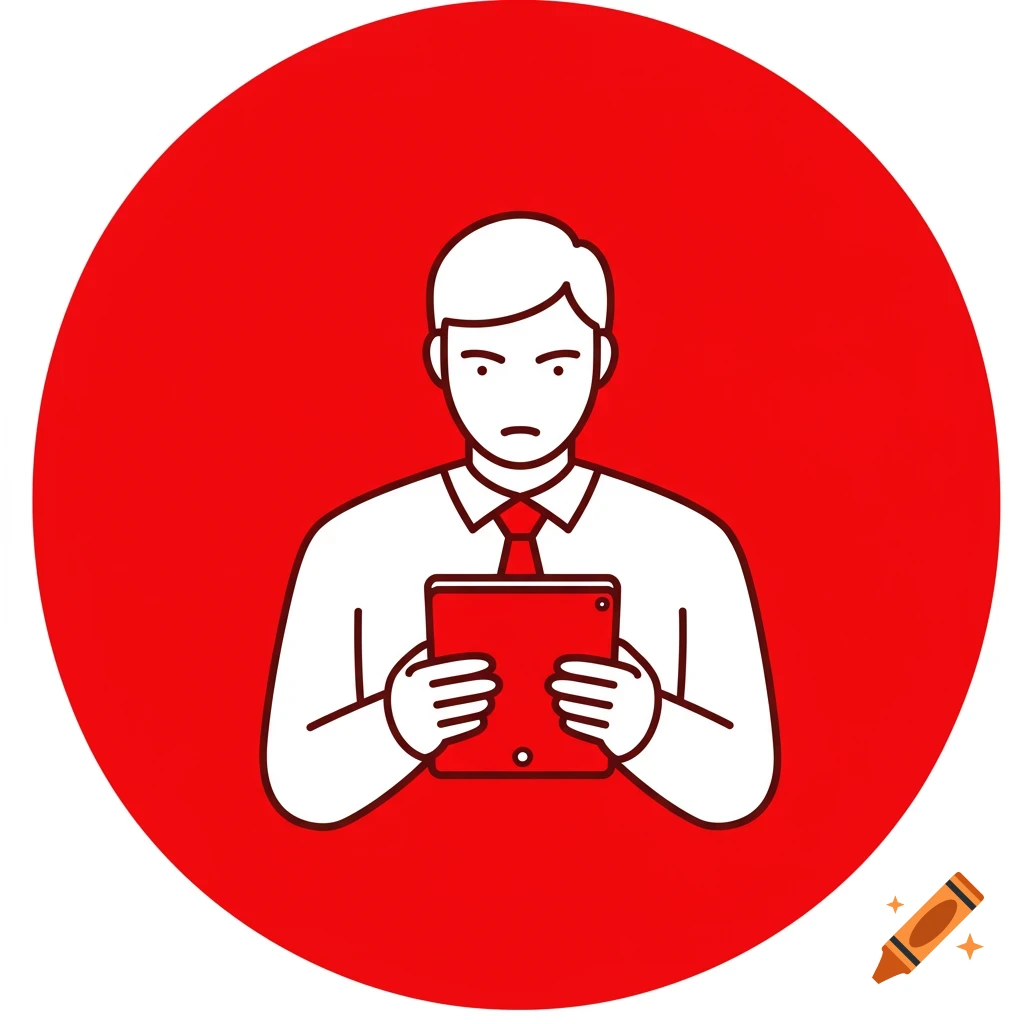 Thick line vector icon of a man in a shirt and tie, frowning while holding a red tablet, on a red circular background.