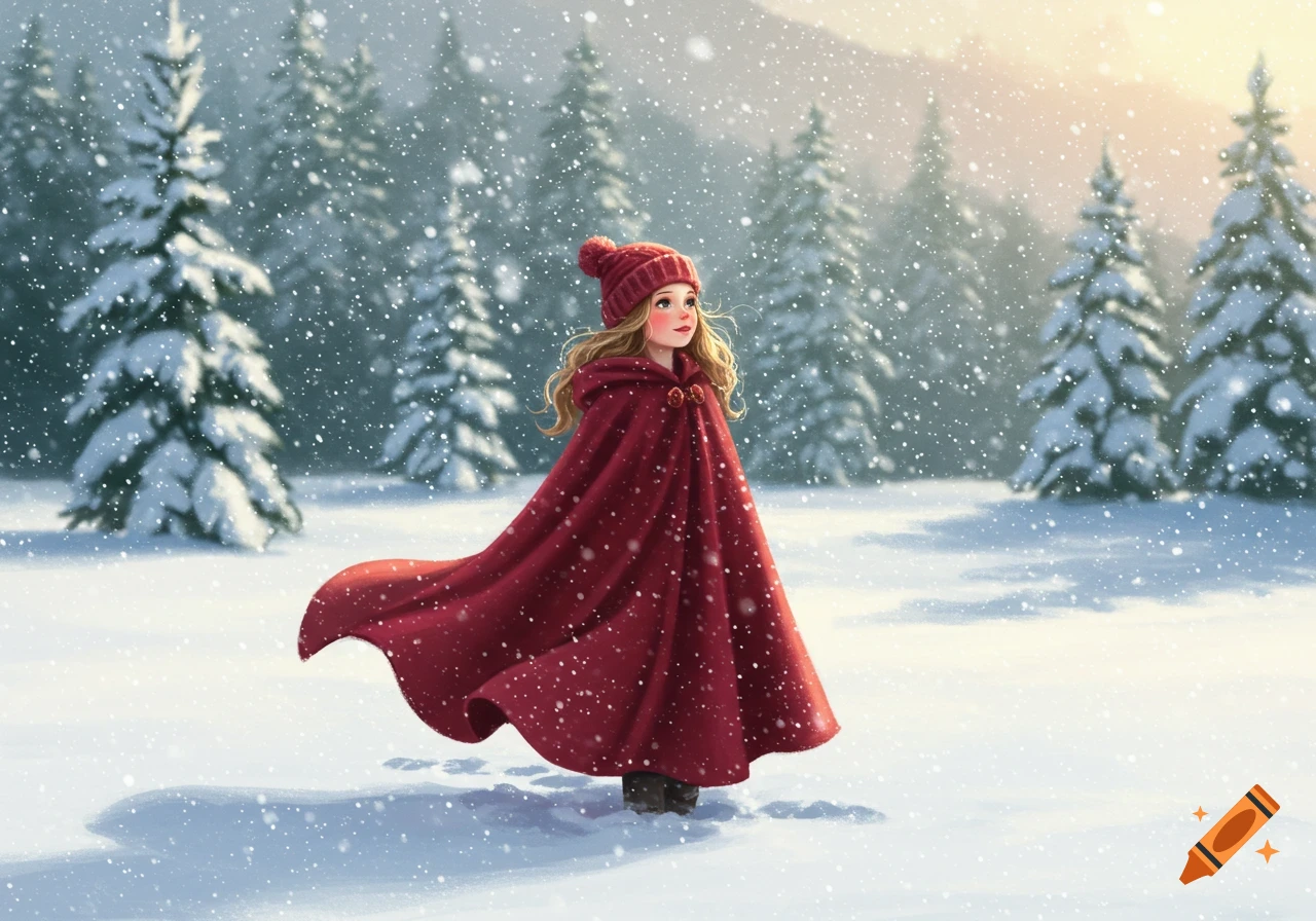 A girl in a red cape and hat stands in a snowy forest during a snowfall, in an illustrative style.