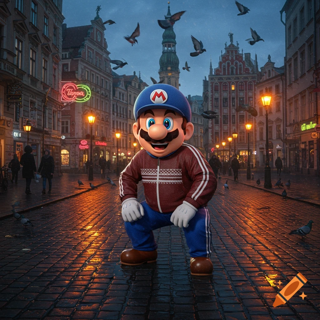 Super Mario in a red tracksuit and blue hat squats on a wet cobblestone street in a European city at dusk, with glowing streetlights and pigeons flying overhead.