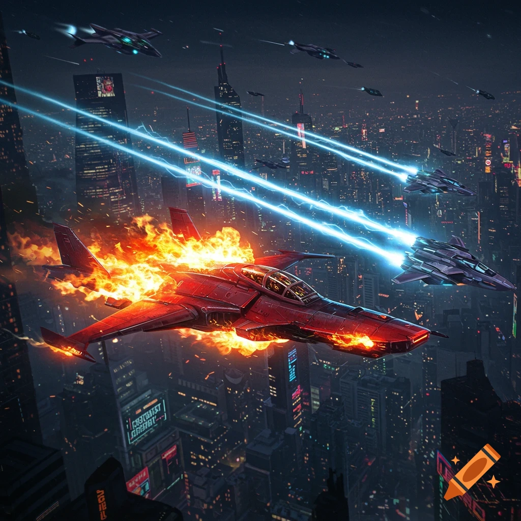 A futuristic red jet, engulfed in flames, flies over a dark, neon-lit city while other techy planes shoot energy rays at it.