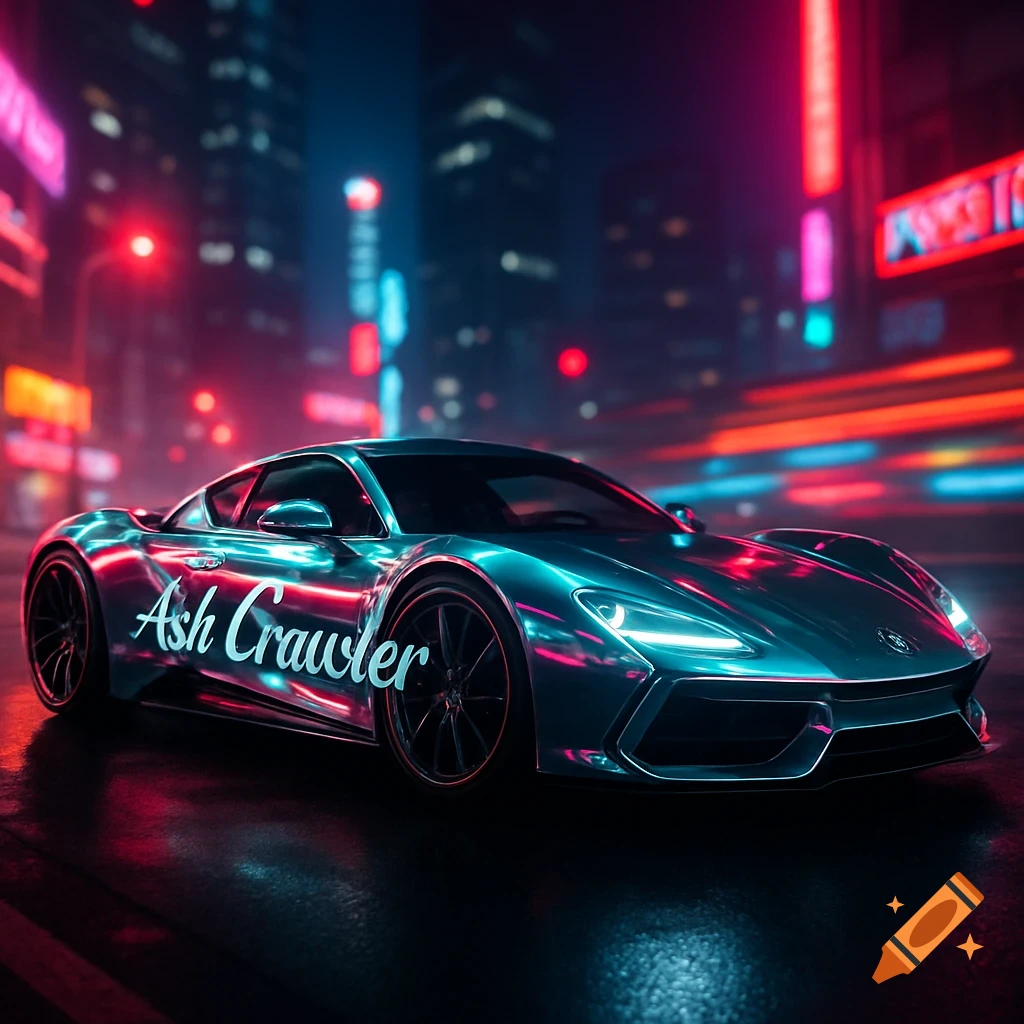 Teal metallic supercar with 'Ash Crawler' on its side, reflecting neon lights on a dark cyberpunk city street.