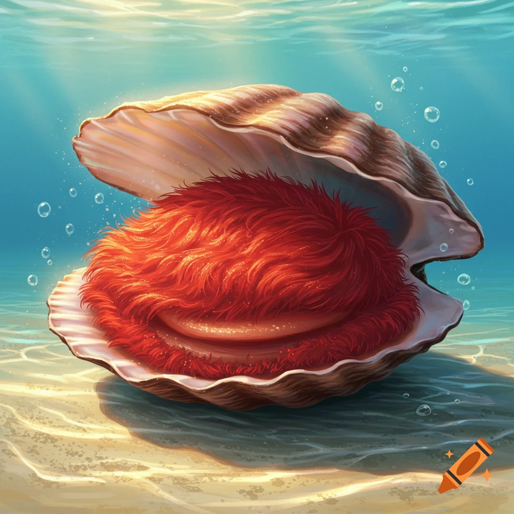 An open scallop shell with vibrant red fur inside, on a sandy seabed with sunlight filtering through blue water.