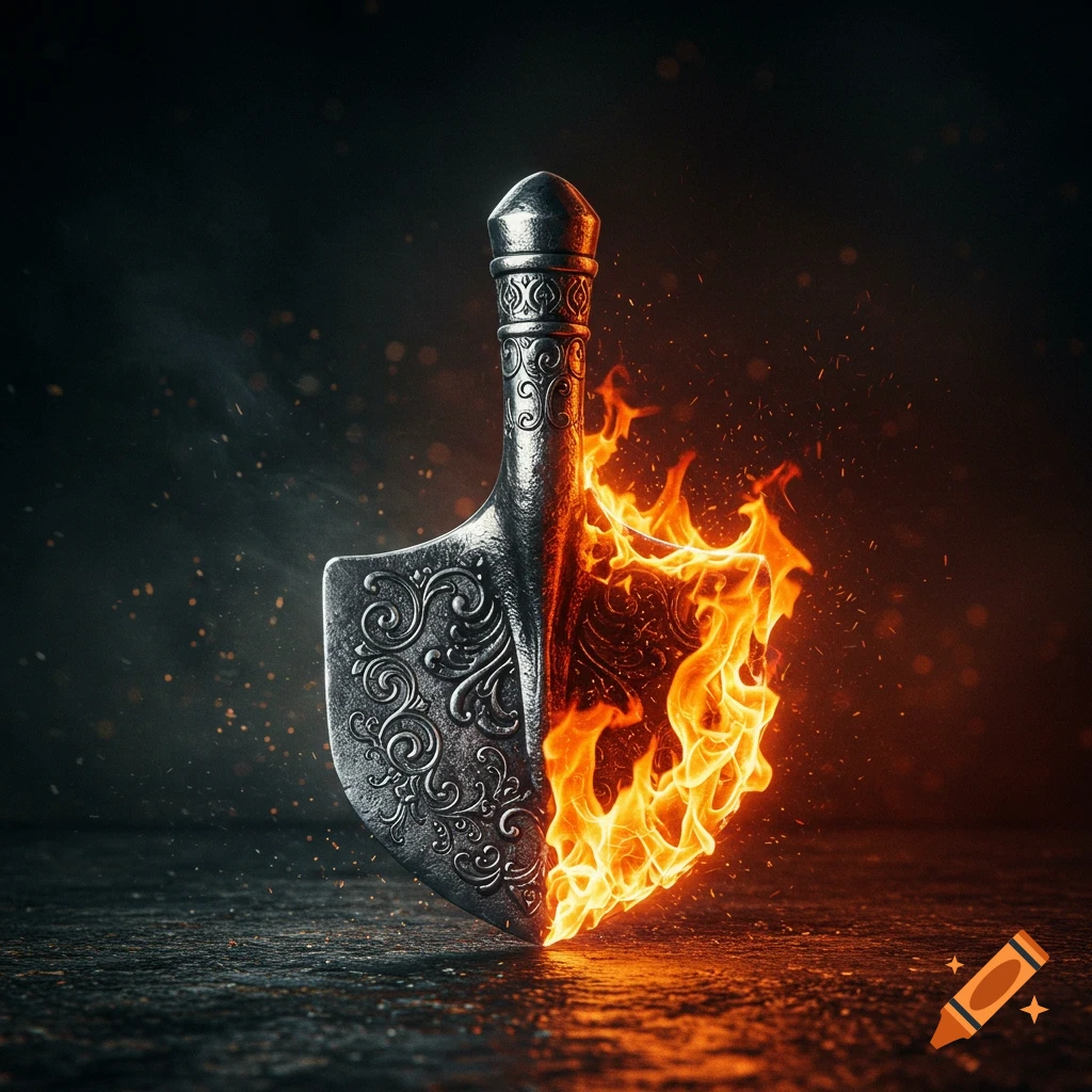 A metal spade, half solid and ornately detailed, half engulfed in bright orange flames, stands on a dark, smoky surface with sparks.
