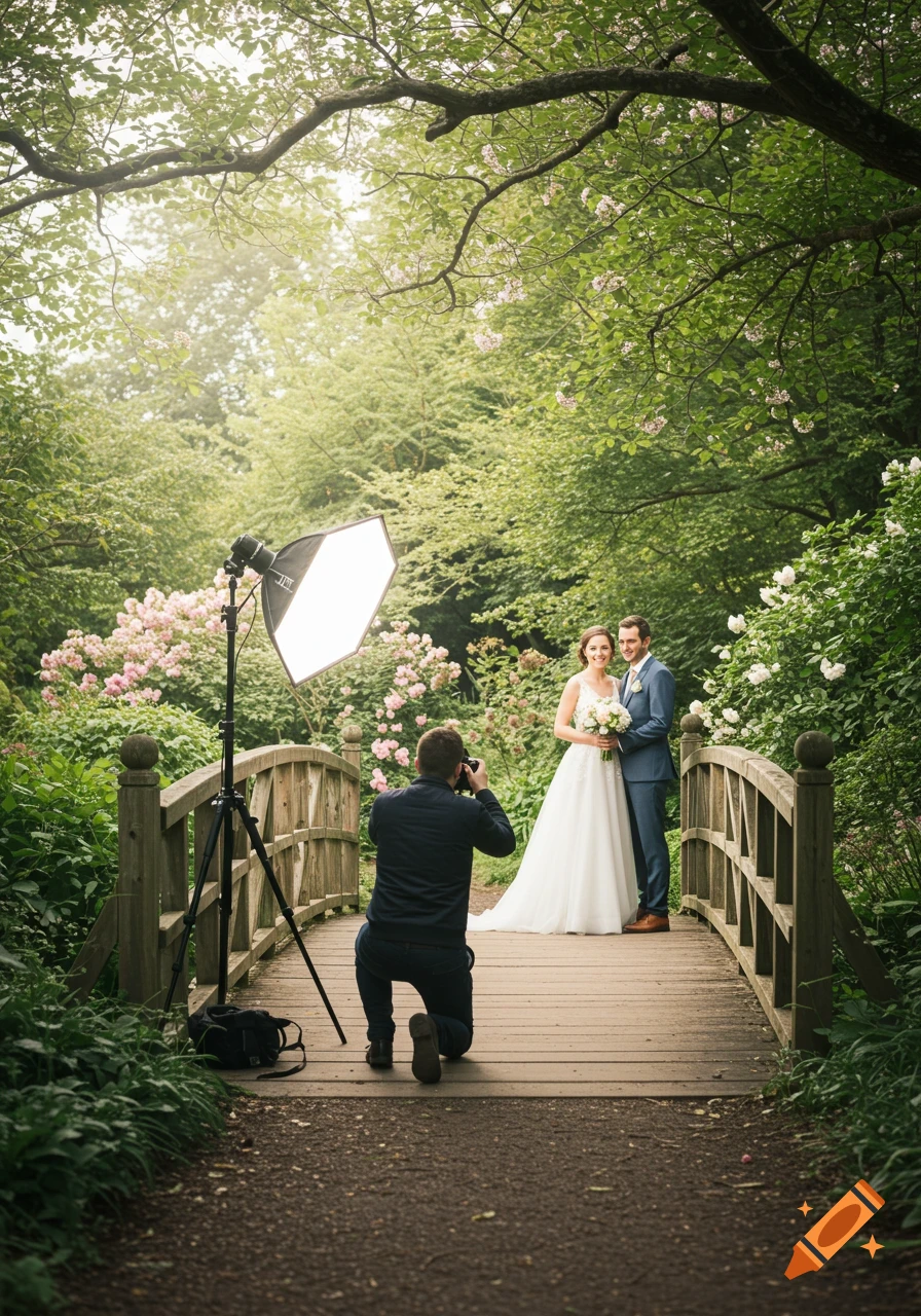 Photographer kneels on a wooden bridge in a lush garden, photographing a wedding couple.