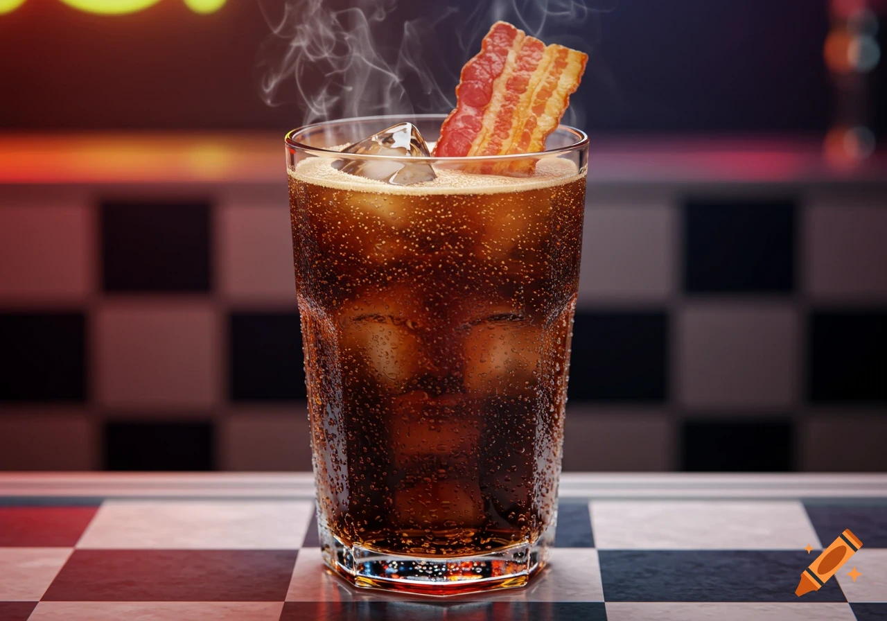 Photorealistic close-up of a dark soda with ice and a strip of crispy bacon on a checkerboard counter.
